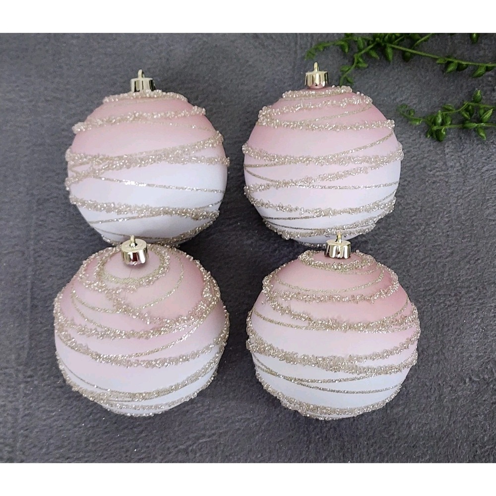 4 Pink Gold Beaded Christmas Round‎ Ball Ornaments Ombre Rose Gold Plastic 4"